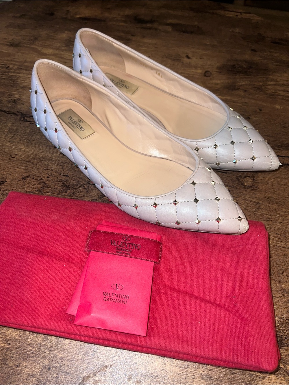 Valentino Poudre Quilted Pointed-Toe Studded Leather Flats